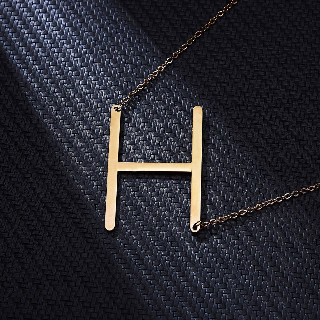 Sideways Alphabet Initial Large All Letter Personalised Customized Engraved Gold Stainless Steel Pendant Necklace