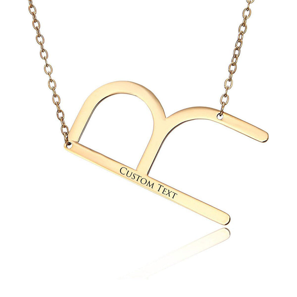 Sideways Alphabet Initial Large All Letter Personalised Customized Engraved Gold Stainless Steel Pendant Necklace