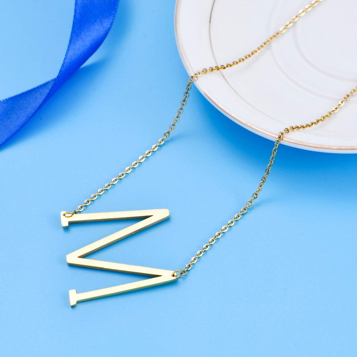 Sideways Alphabet Initial Large All Letter Personalised Customized Engraved Gold Stainless Steel Pendant Necklace