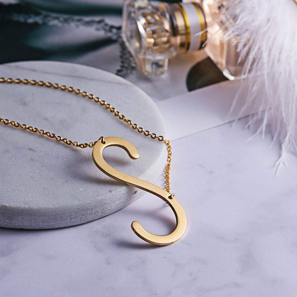 Sideways Alphabet Initial Large All Letter Personalised Customized Engraved Gold Stainless Steel Pendant Necklace