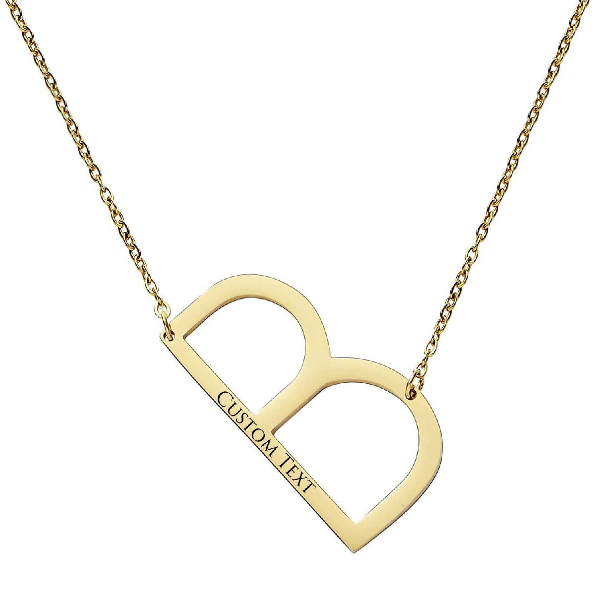 Sideways Alphabet Initial Large All Letter Personalised Customized Engraved Gold Stainless Steel Pendant Necklace