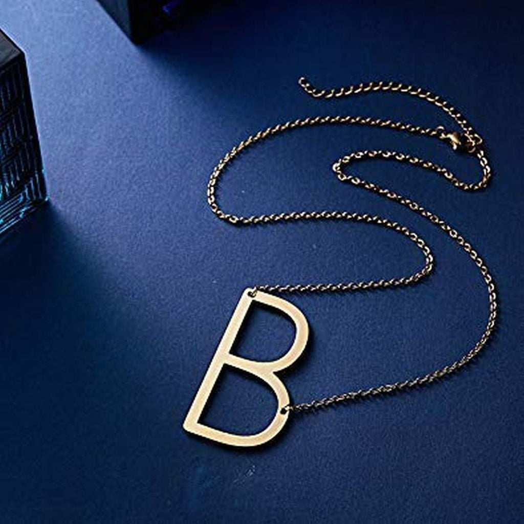 Sideways Alphabet Initial Large All Letter Personalised Customized Engraved Gold Stainless Steel Pendant Necklace