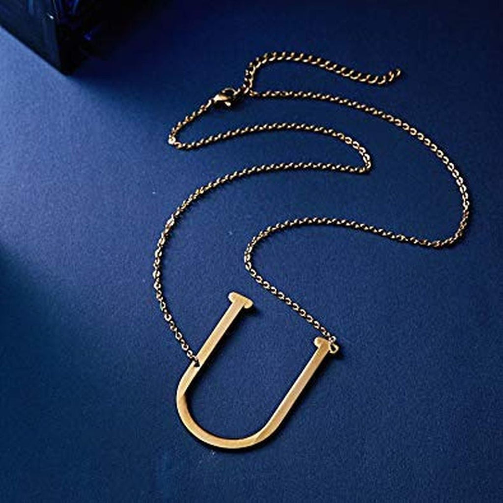 Sideways Alphabet Initial Large All Letter Personalised Customized Engraved Gold Stainless Steel Pendant Necklace