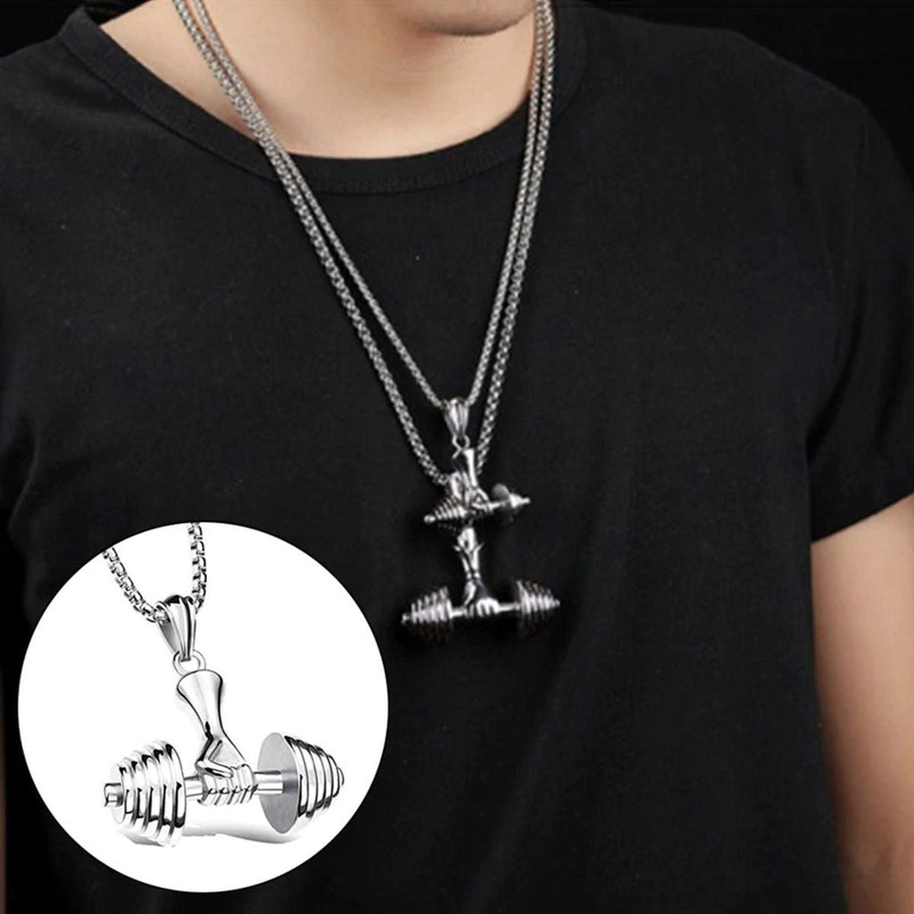 Silver Stainless Steel Dumbbell Barbell Weight Lifting Pendant Chain