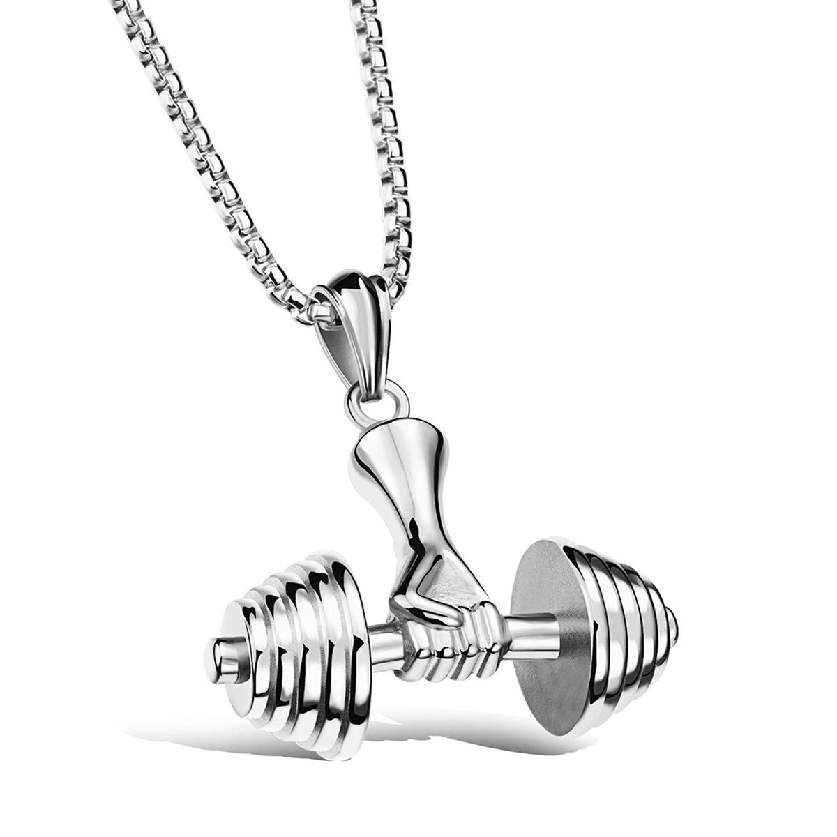 Silver Stainless Steel Dumbbell Barbell Weight Lifting Pendant Chain