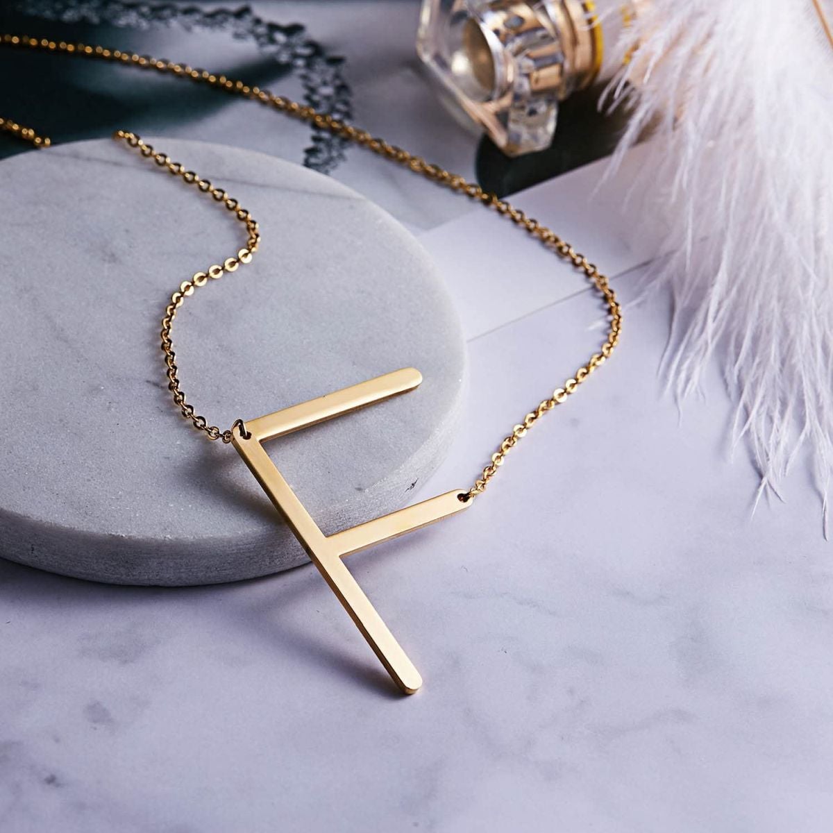 Sideways Alphabet Initial Large All Letter Personalised Customized Engraved Gold Stainless Steel Pendant Necklace