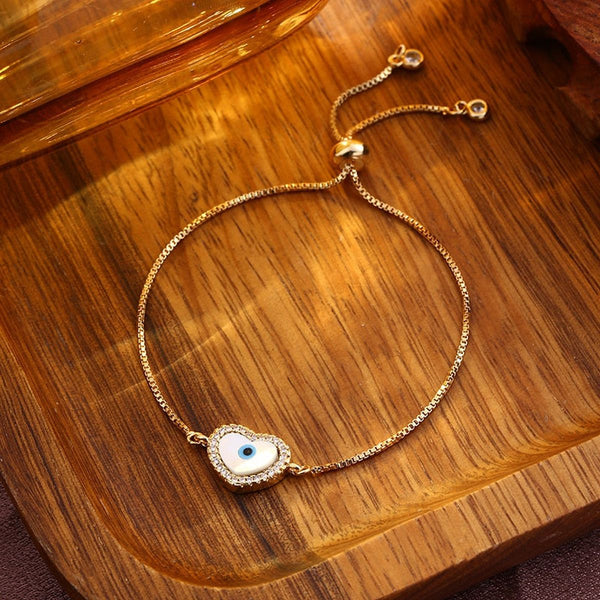 Heart Evil Eye 18K Gold Cubic Zirconia Adjustable Slider Bracelet Main image