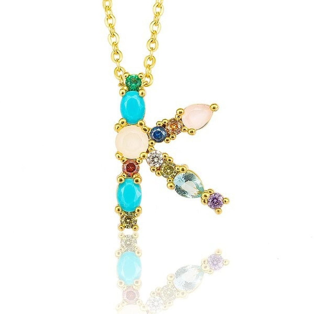 Rainbow Gemstone Initial Alphabet Letter K Necklace Pendant Chain