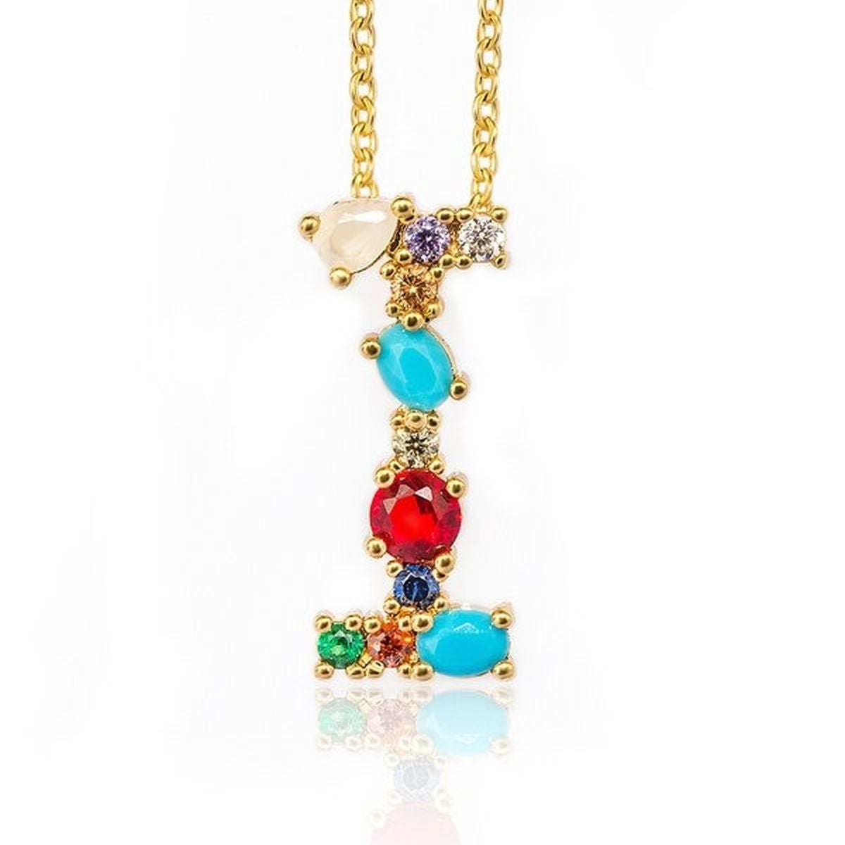 Rainbow Gemstone Initial Alphabet Letter K Necklace Pendant Chain