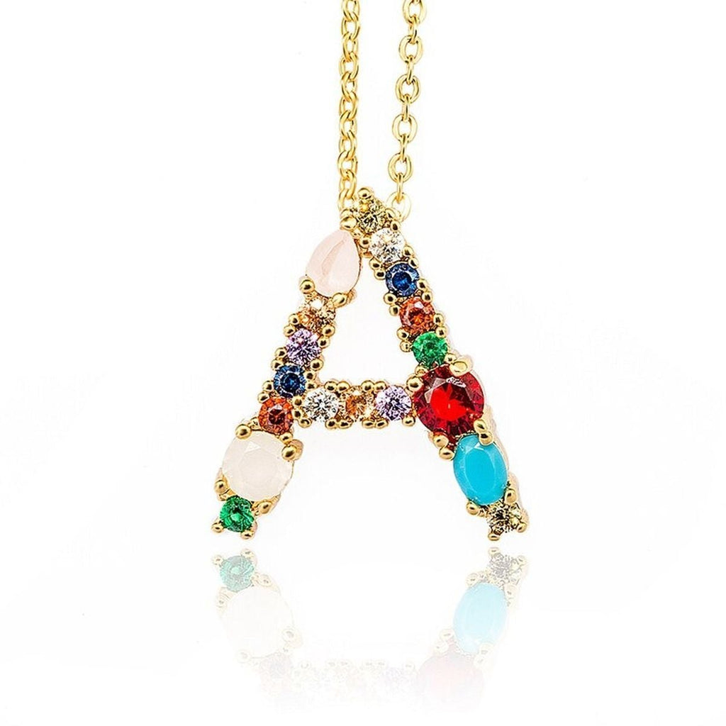 Rainbow Gemstone Initial Alphabet Letter K Necklace Pendant Chain