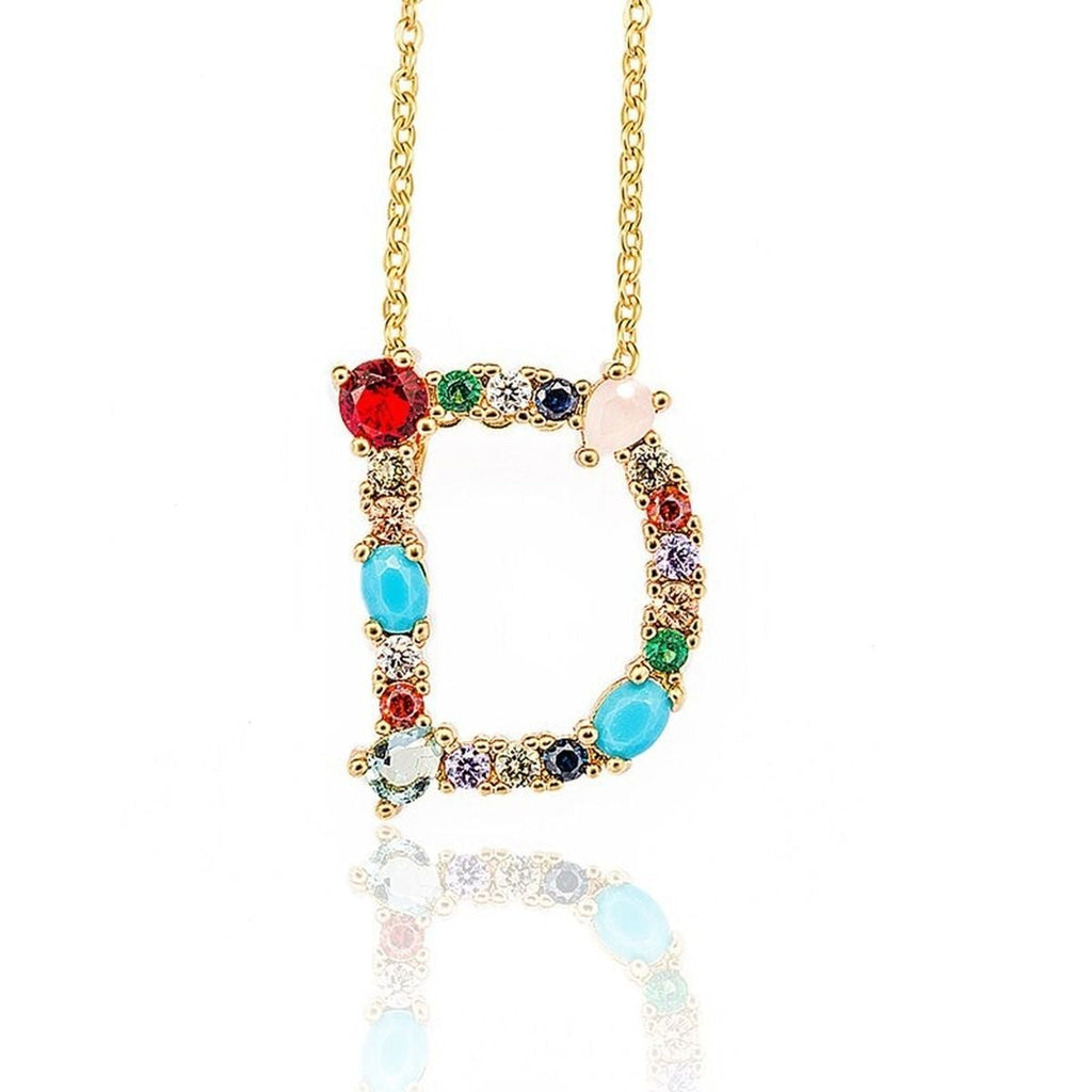 Rainbow Gemstone Initial Alphabet Letter K Necklace Pendant Chain