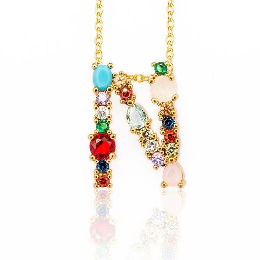 Rainbow Gemstone Initial Alphabet Letter K Necklace Pendant Chain