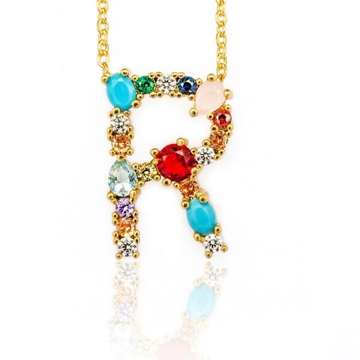 Rainbow Gemstone Initial Alphabet Letter K Necklace Pendant Chain