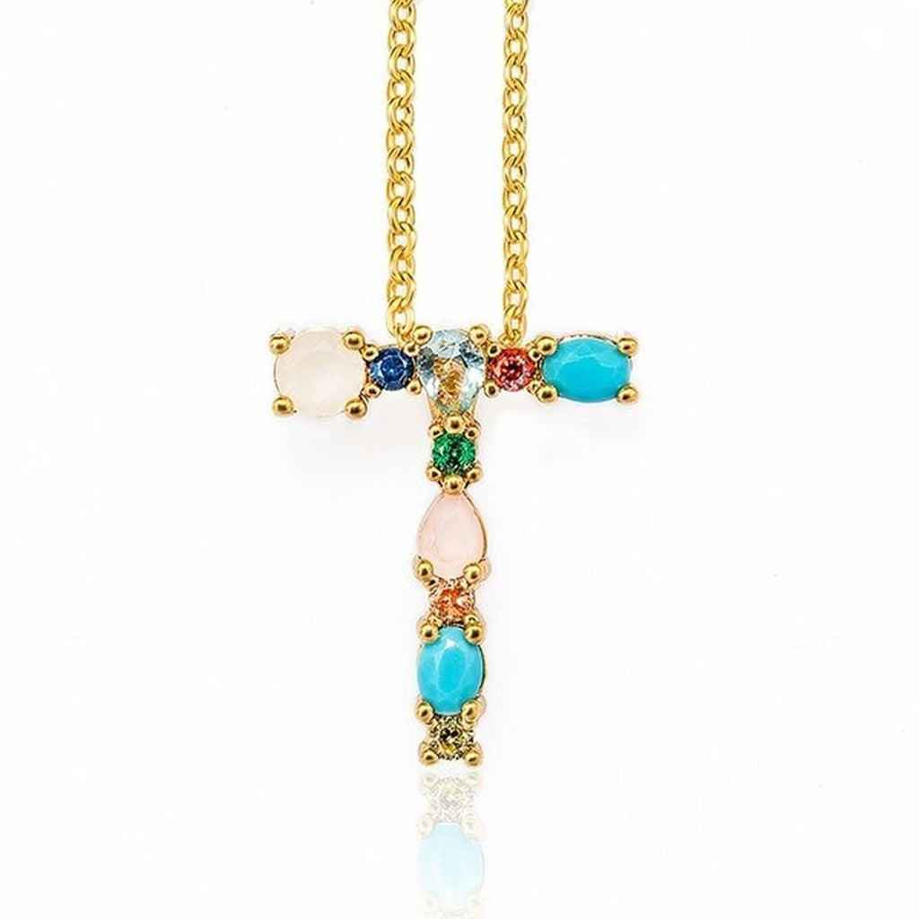 Rainbow Gemstone Initial Alphabet Letter K Necklace Pendant Chain