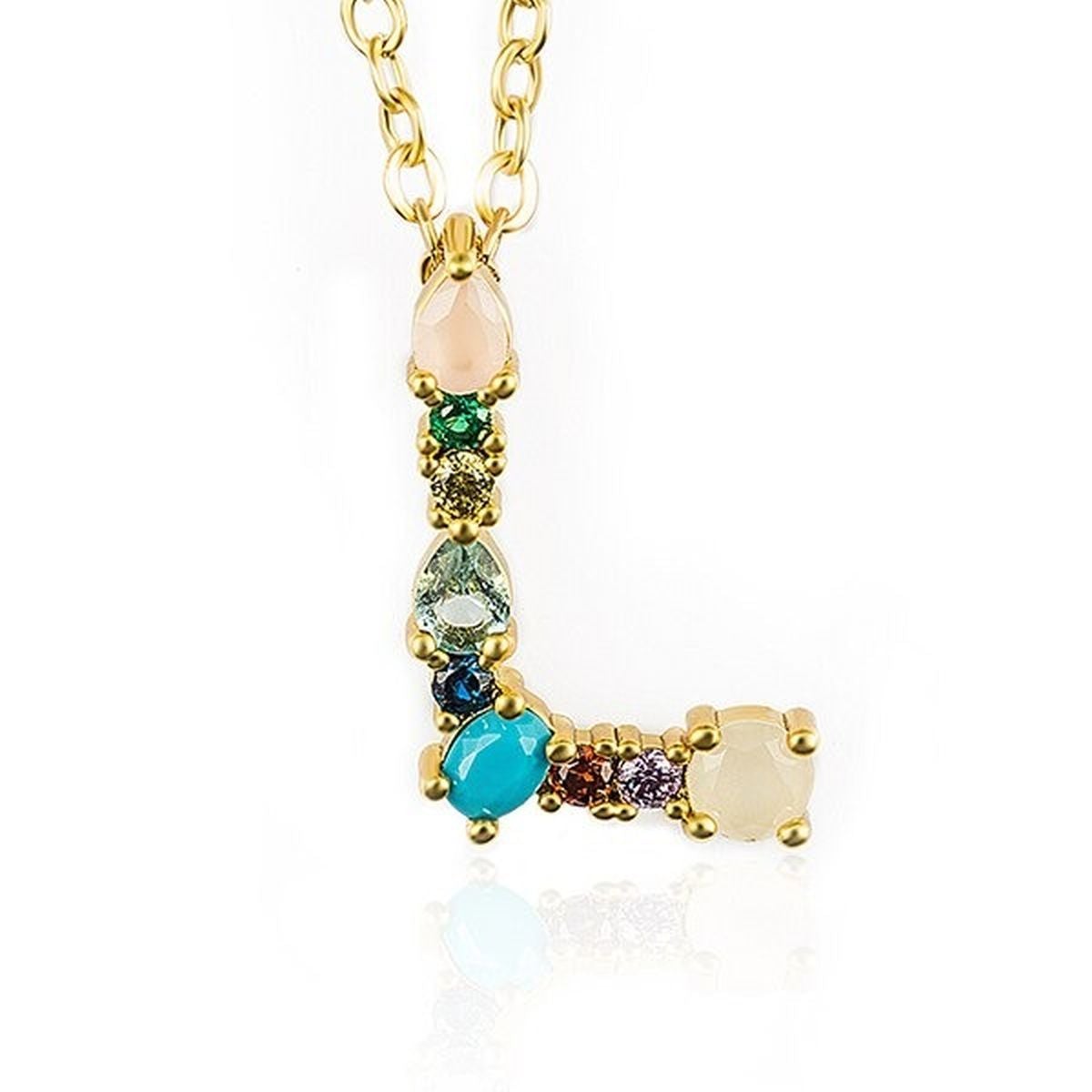 Rainbow Gemstone Initial Alphabet Letter K Necklace Pendant Chain