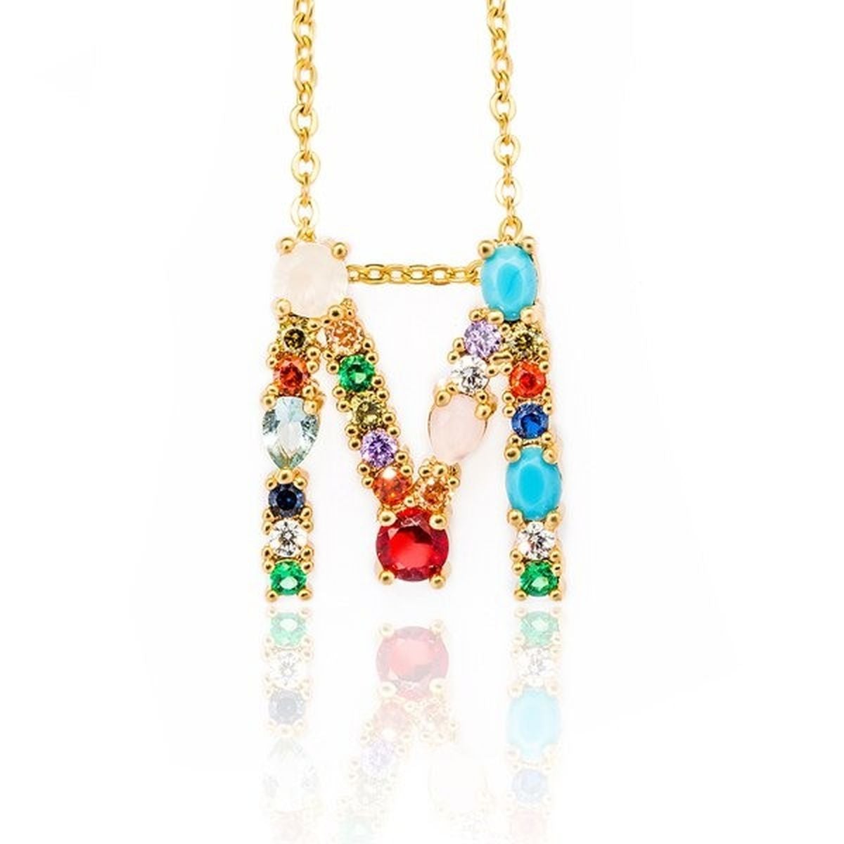Rainbow Gemstone Initial Alphabet Letter K Necklace Pendant Chain