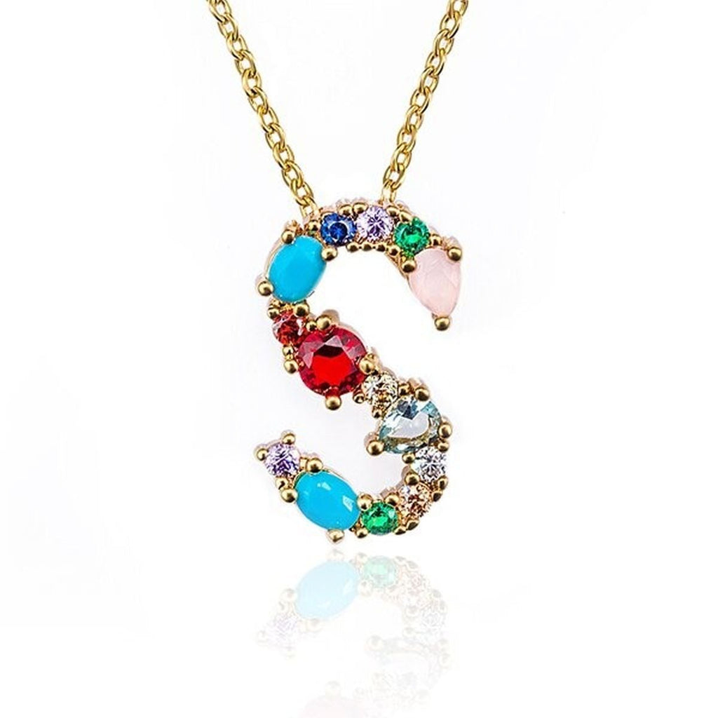 Rainbow Gemstone Initial Alphabet Letter K Necklace Pendant Chain