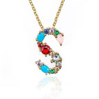 Rainbow Gemstone Initial Alphabet Letter K Necklace Pendant Chain