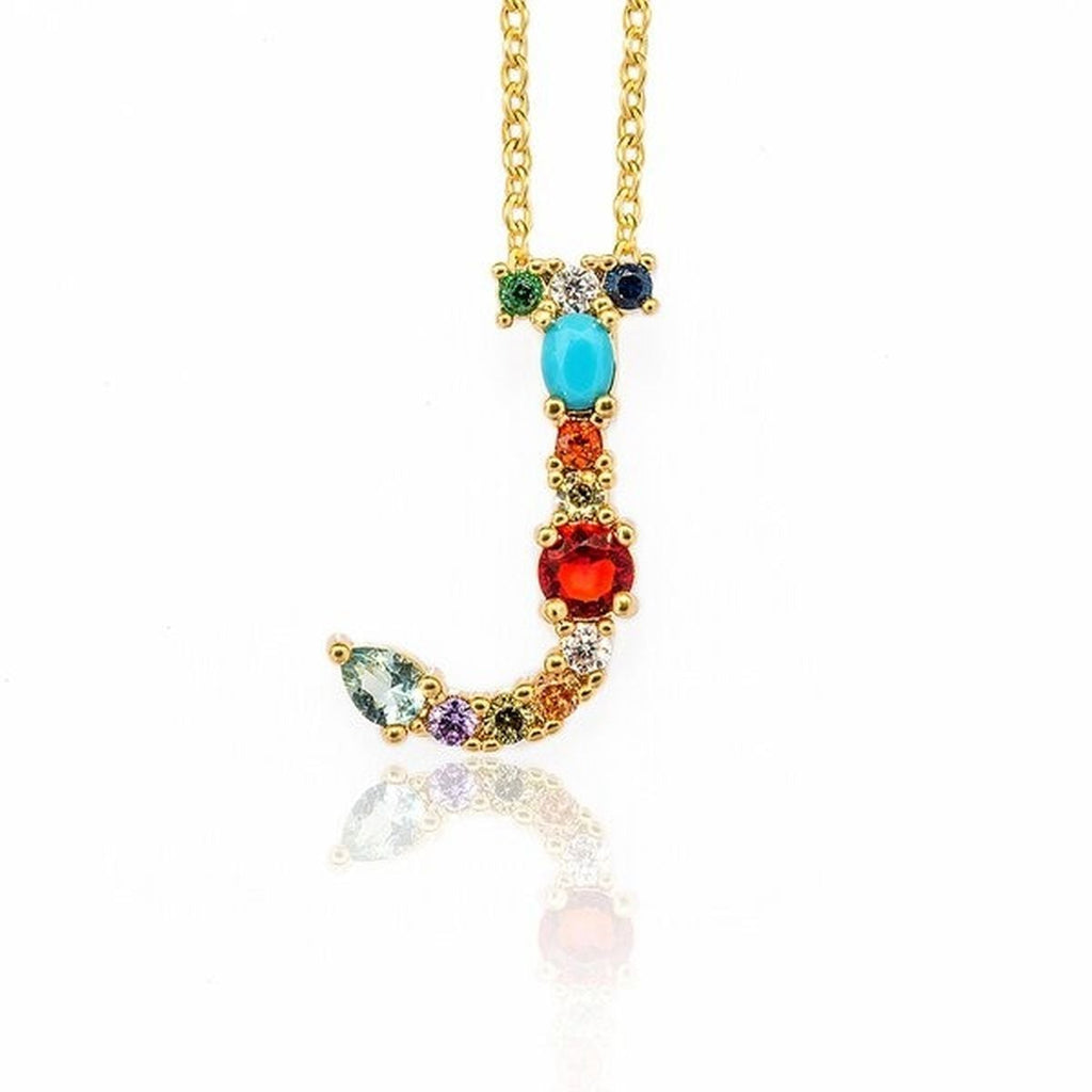 Rainbow Gemstone Initial Alphabet Letter K Necklace Pendant Chain