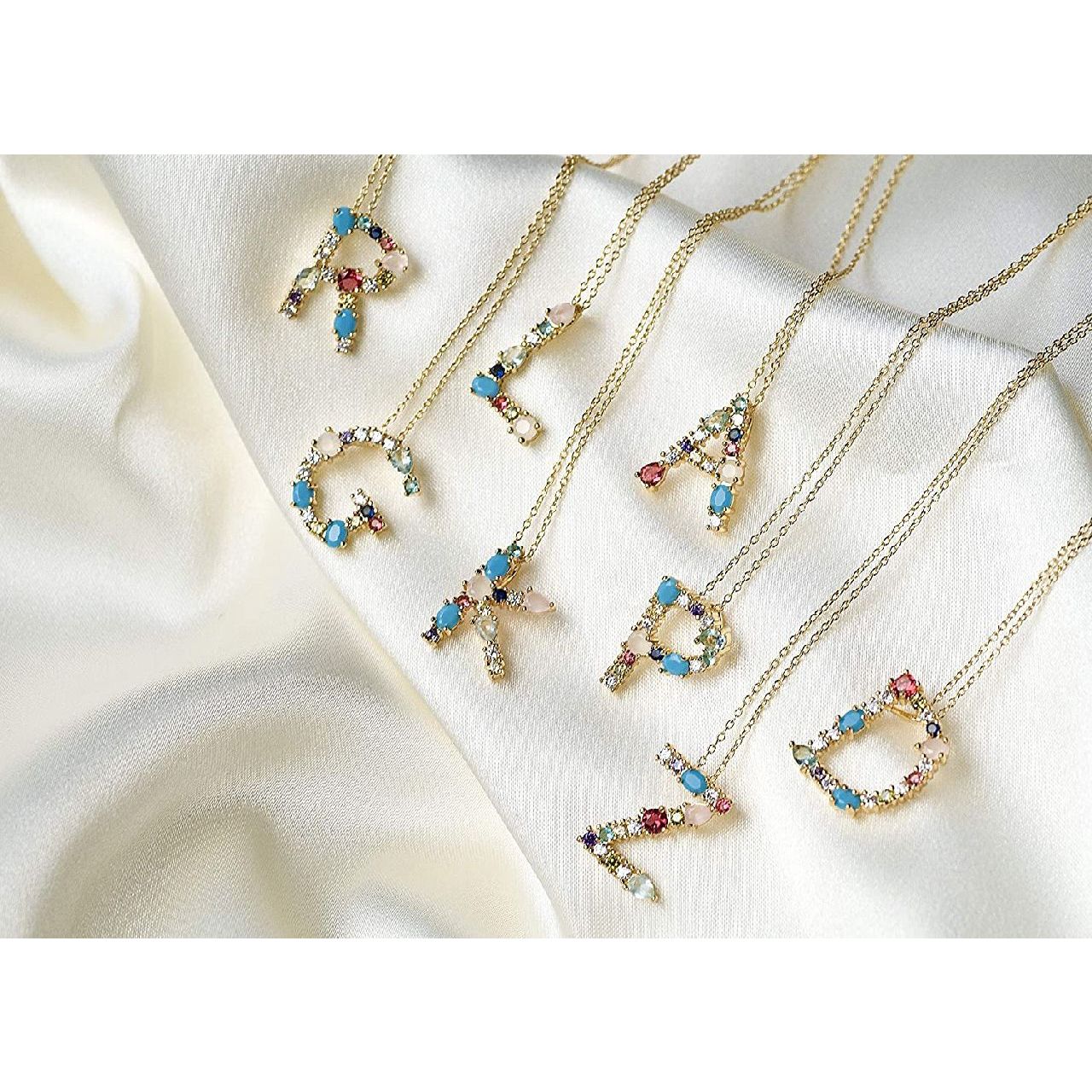 Rainbow Gemstone Initial Alphabet Letter K Necklace Pendant Chain Main image