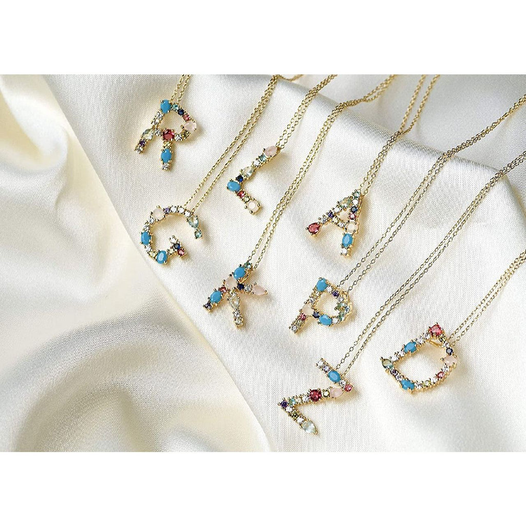 Rainbow Gemstone Initial Alphabet Letter K Necklace Pendant Chain