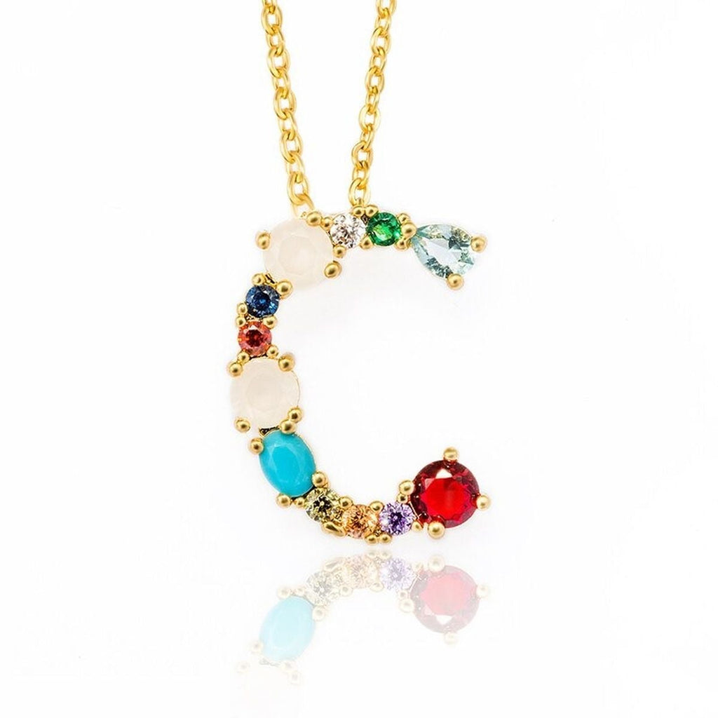 Rainbow Gemstone Initial Alphabet Letter K Necklace Pendant Chain