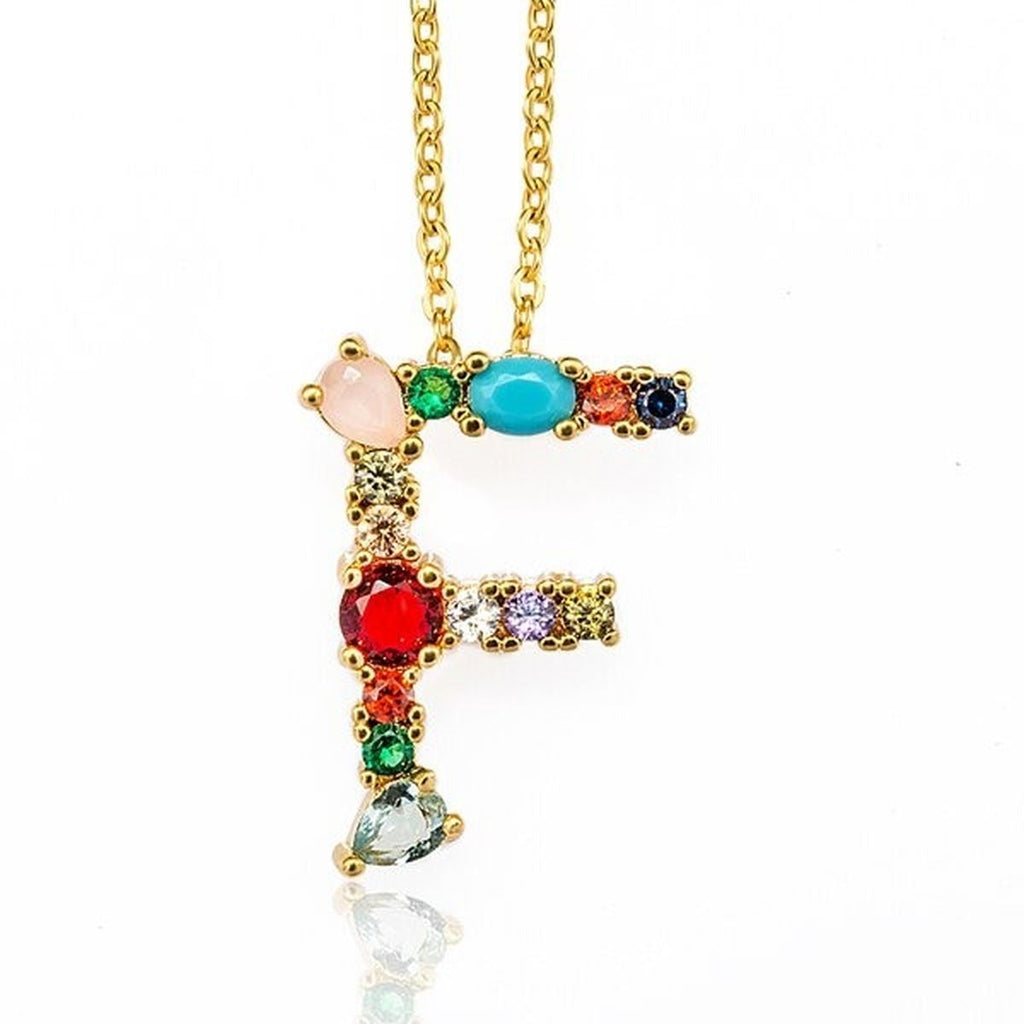 Rainbow Gemstone Initial Alphabet Letter K Necklace Pendant Chain