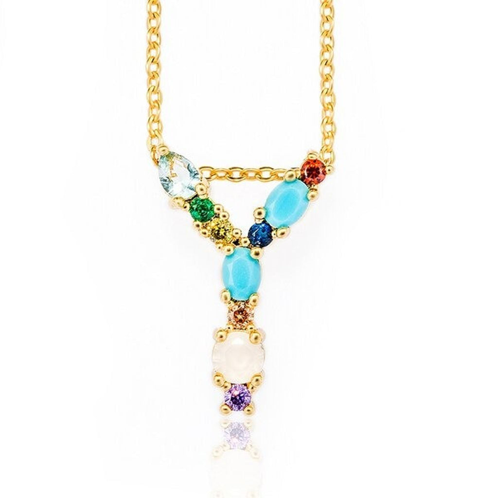 Rainbow Gemstone Initial Alphabet Letter K Necklace Pendant Chain