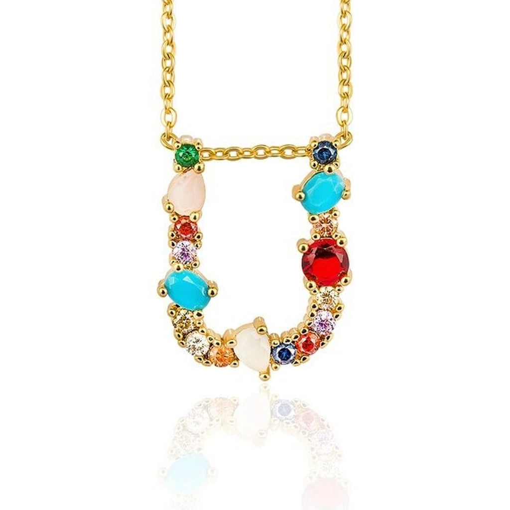Rainbow Gemstone Initial Alphabet Letter K Necklace Pendant Chain