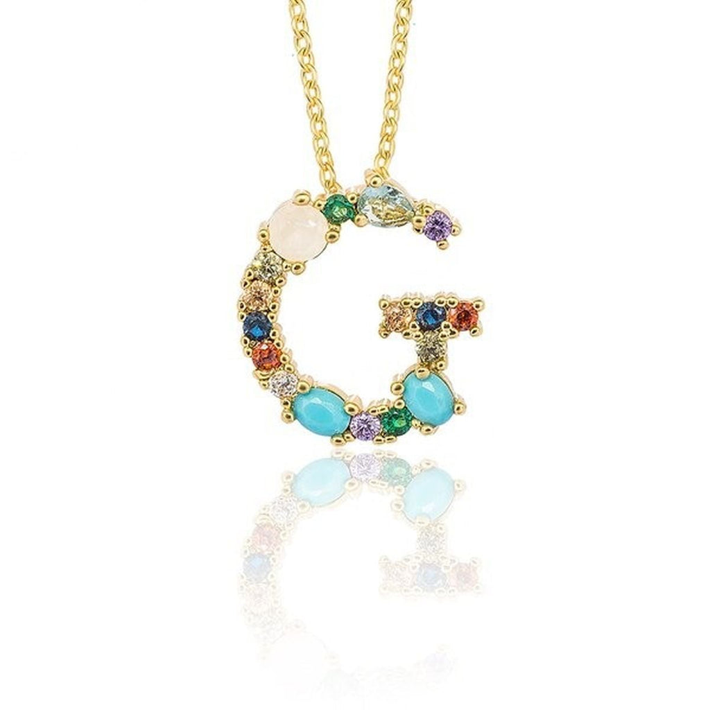 Rainbow Gemstone Initial Alphabet Letter K Necklace Pendant Chain