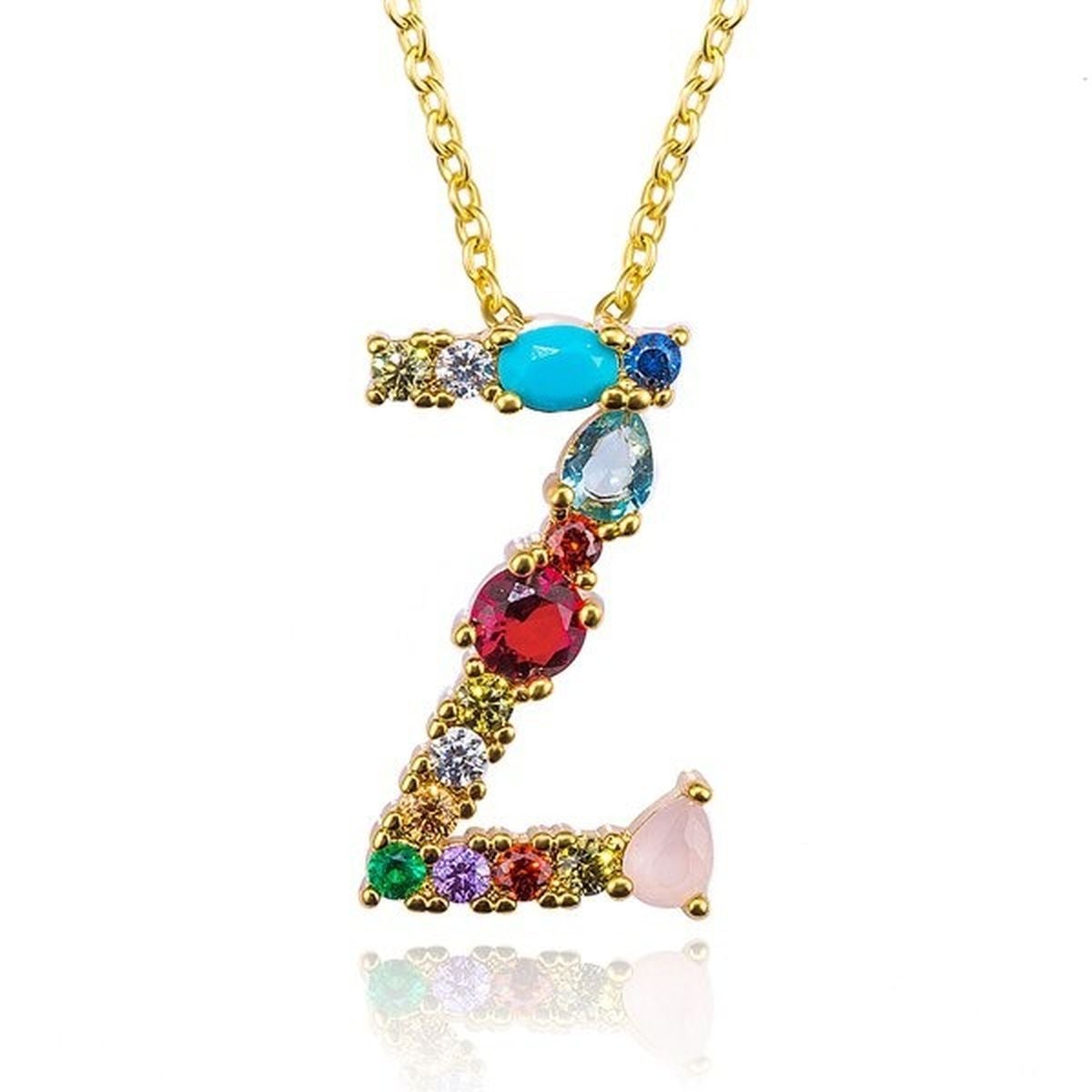 Rainbow Gemstone Initial Alphabet Letter K Necklace Pendant Chain