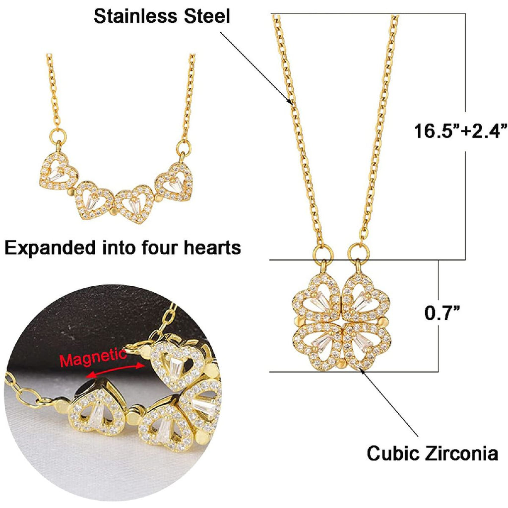 Clover Stainless Steel Cubic Zirconia Magnet Openable Necklace Pendant Chain Women Silver