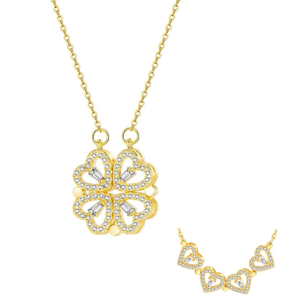 Clover Stainless Steel Cubic Zirconia Magnet Openable Necklace Pendant Chain Women Silver