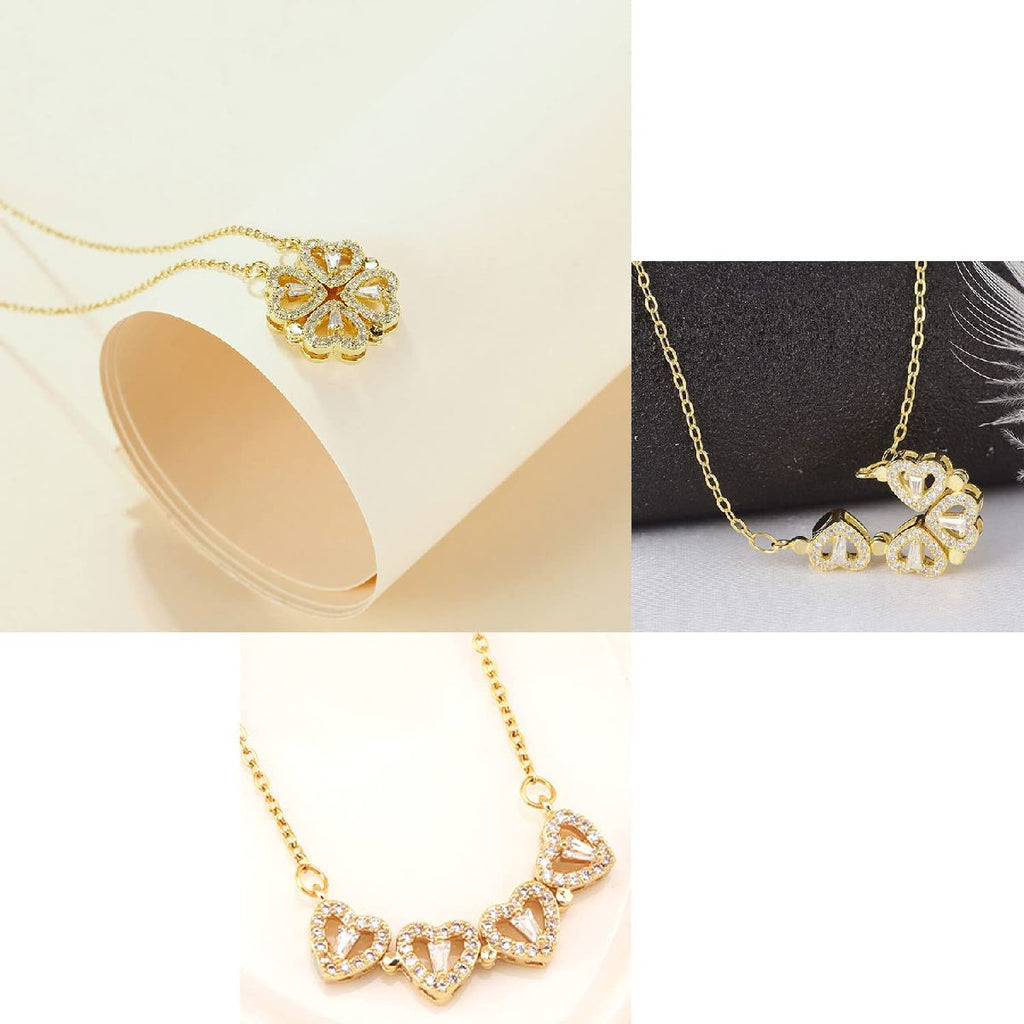 Clover Stainless Steel Cubic Zirconia Magnet Openable Necklace Pendant Chain Women Silver