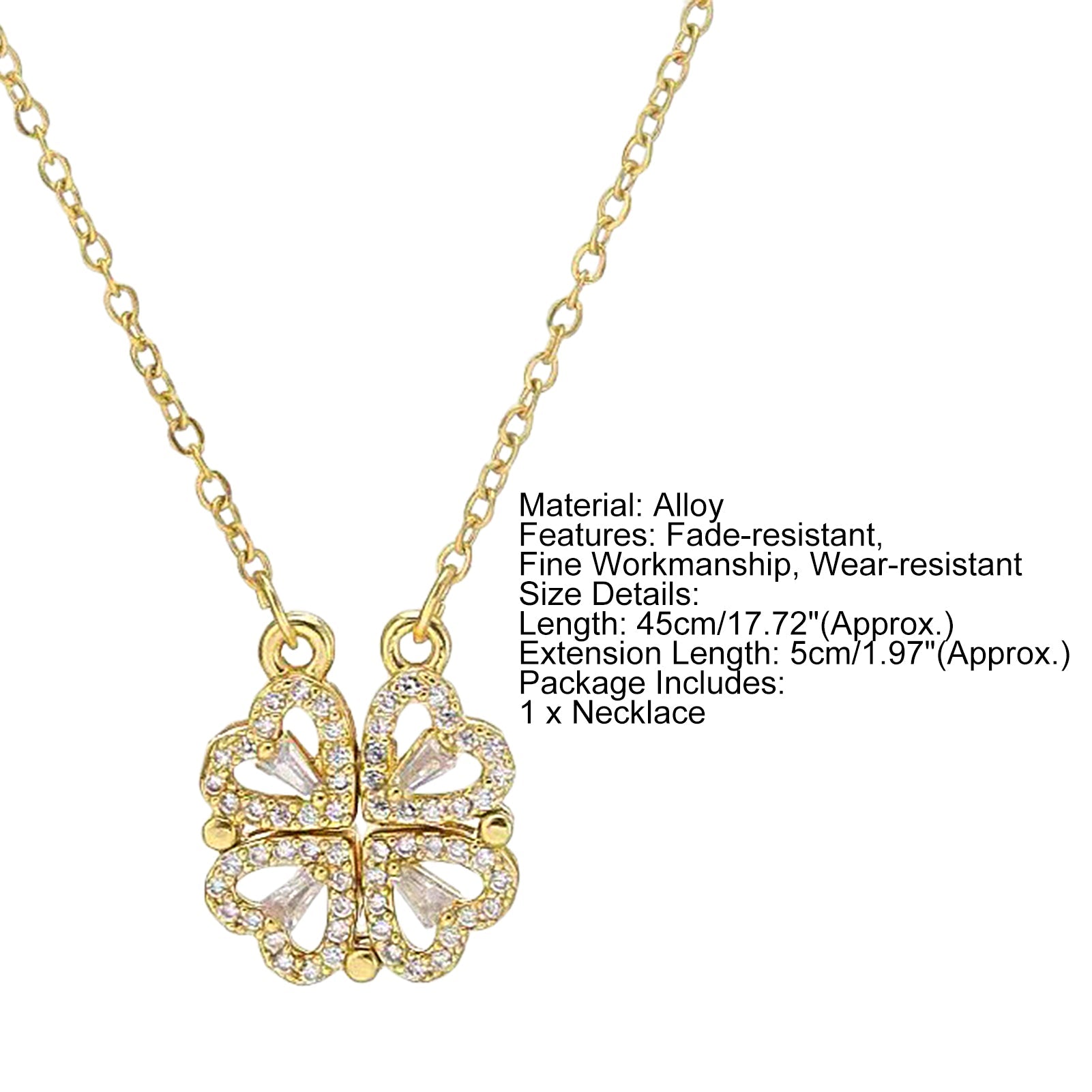 Clover Stainless Steel Cubic Zirconia Magnet Openable Necklace Pendant Chain Women Silver