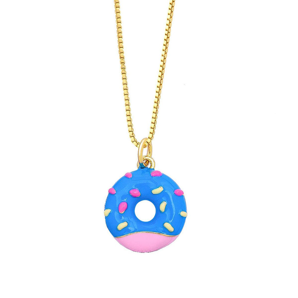 Copper Enamel Blue White Gold Donut Necklace Pendant Chain Girls Bulk