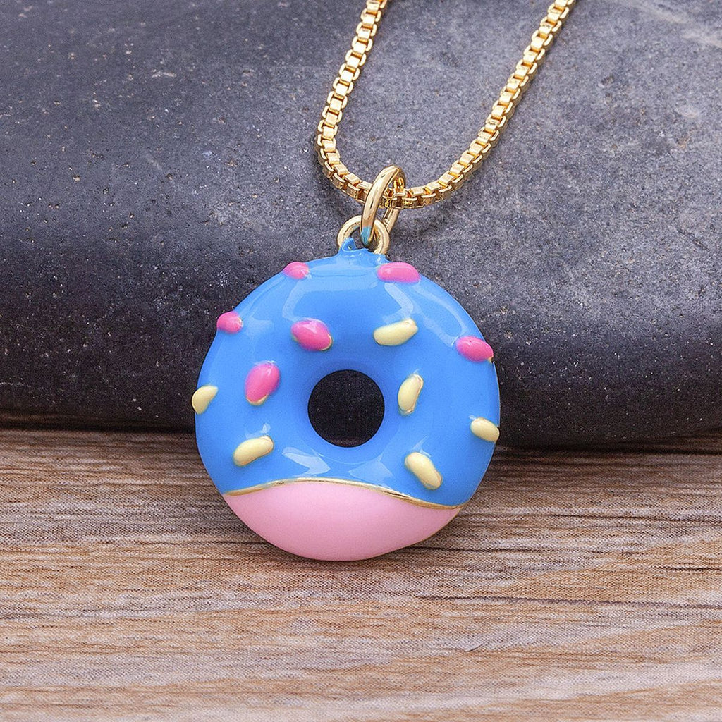Copper Enamel Blue White Gold Donut Necklace Pendant Chain Girls Bulk
