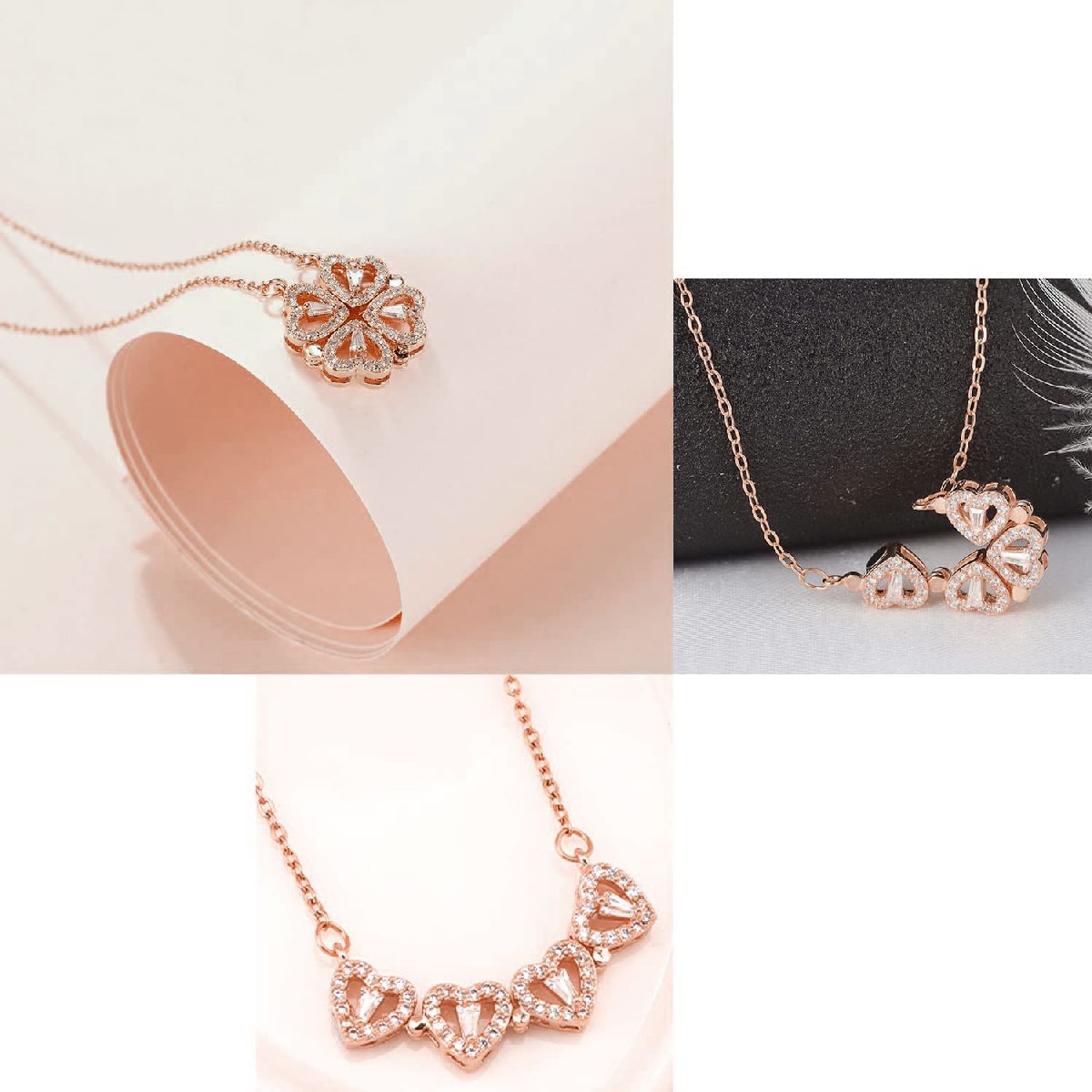 Clover Stainless Steel Cubic Zirconia Magnet Openable Necklace Pendant Chain Women Silver