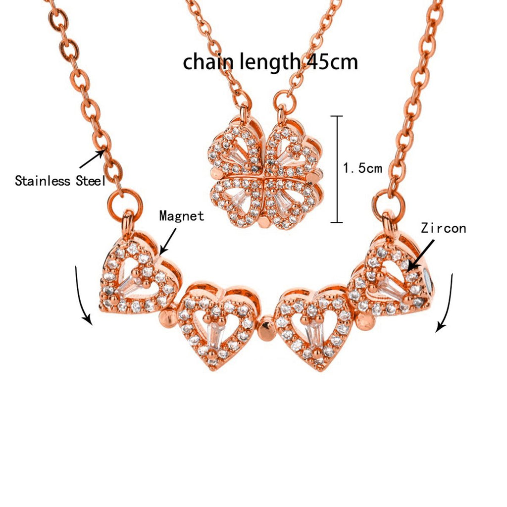 Clover Stainless Steel Cubic Zirconia Magnet Openable Necklace Pendant Chain Women Silver