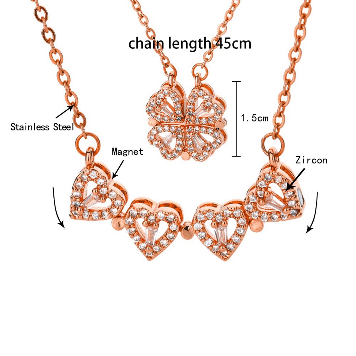 Clover Stainless Steel Cubic Zirconia Magnet Openable Necklace Pendant Chain Women Silver