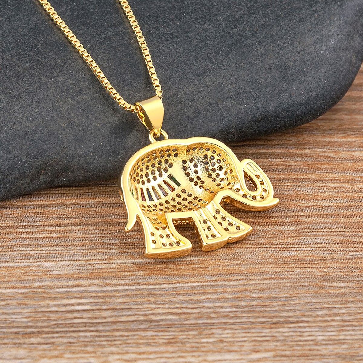 Copper Cubic Zirconia Rainbow Gold Elephant Pendant Chain Women Bulk