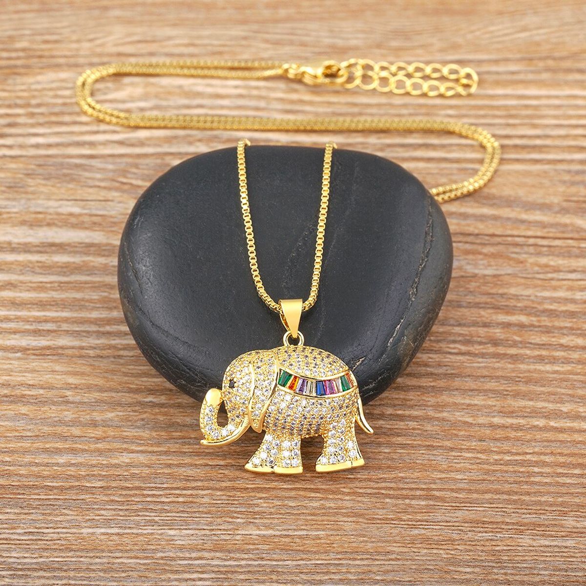 Copper Cubic Zirconia Rainbow Gold Elephant Pendant Chain Women Bulk