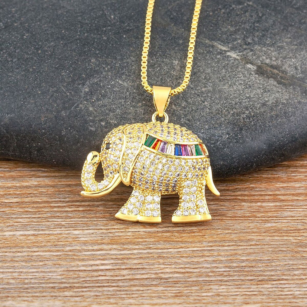 Copper Cubic Zirconia Rainbow Gold Elephant Pendant Chain Women Bulk