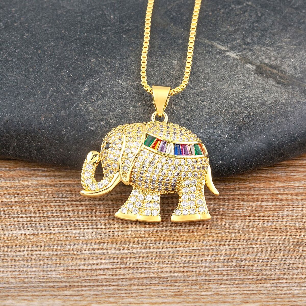 Copper Cubic Zirconia Rainbow Gold Elephant Pendant Chain Women Bulk
