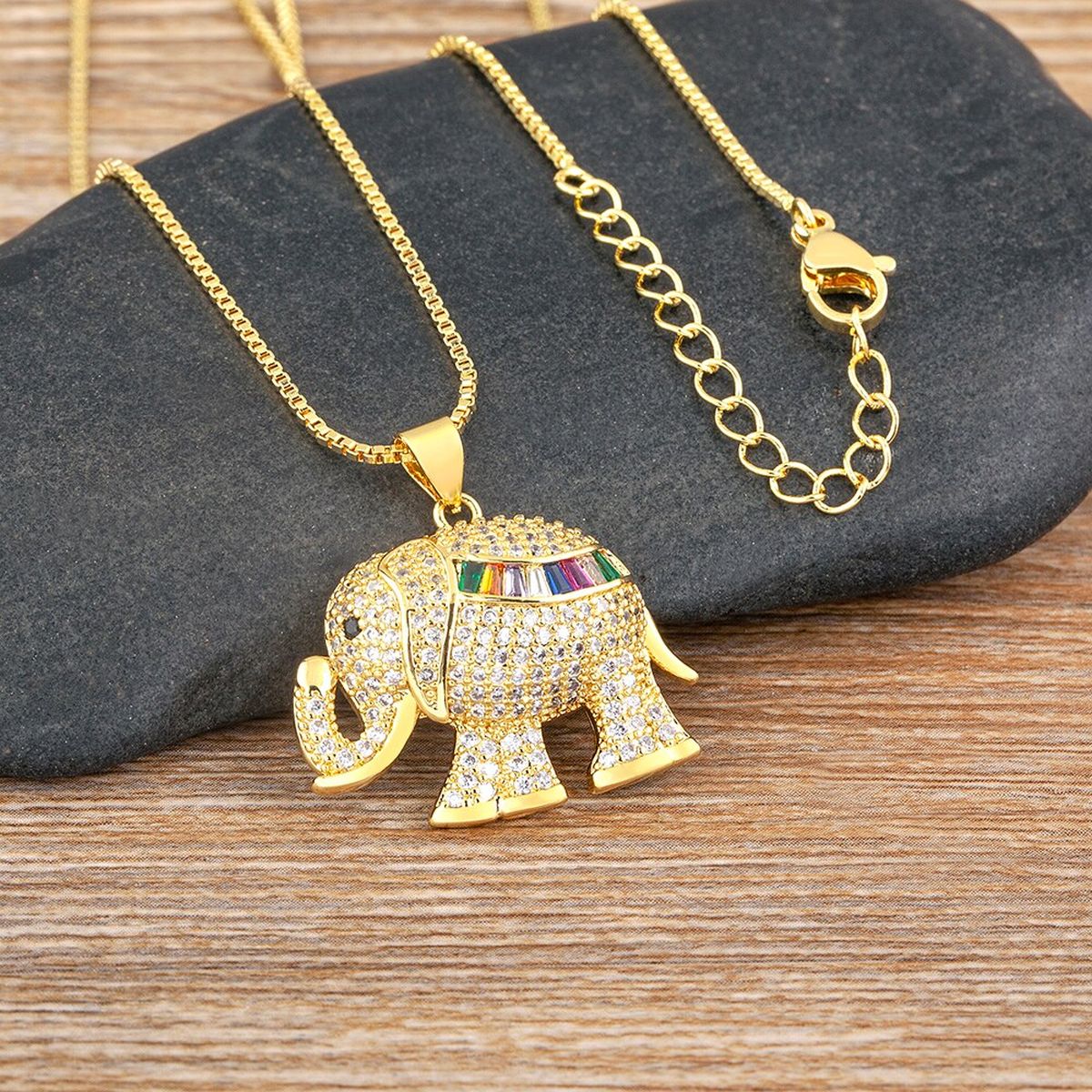 Copper Cubic Zirconia Rainbow Gold Elephant Pendant Chain Women Bulk