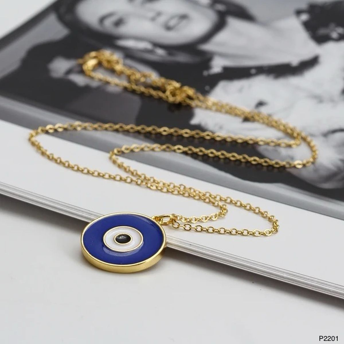 Evil Eye Enamel Blue 18K Gold Brass Anti Tarnish Pendant Chain Bulk
