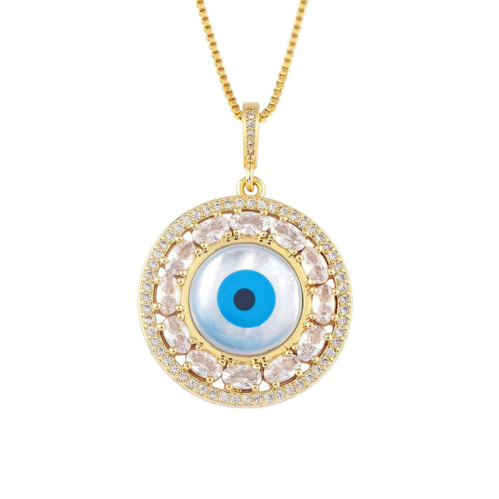 Evil Eye Mother Of Pearl Oval CZ 18K Gold Pendant Chain Bulk