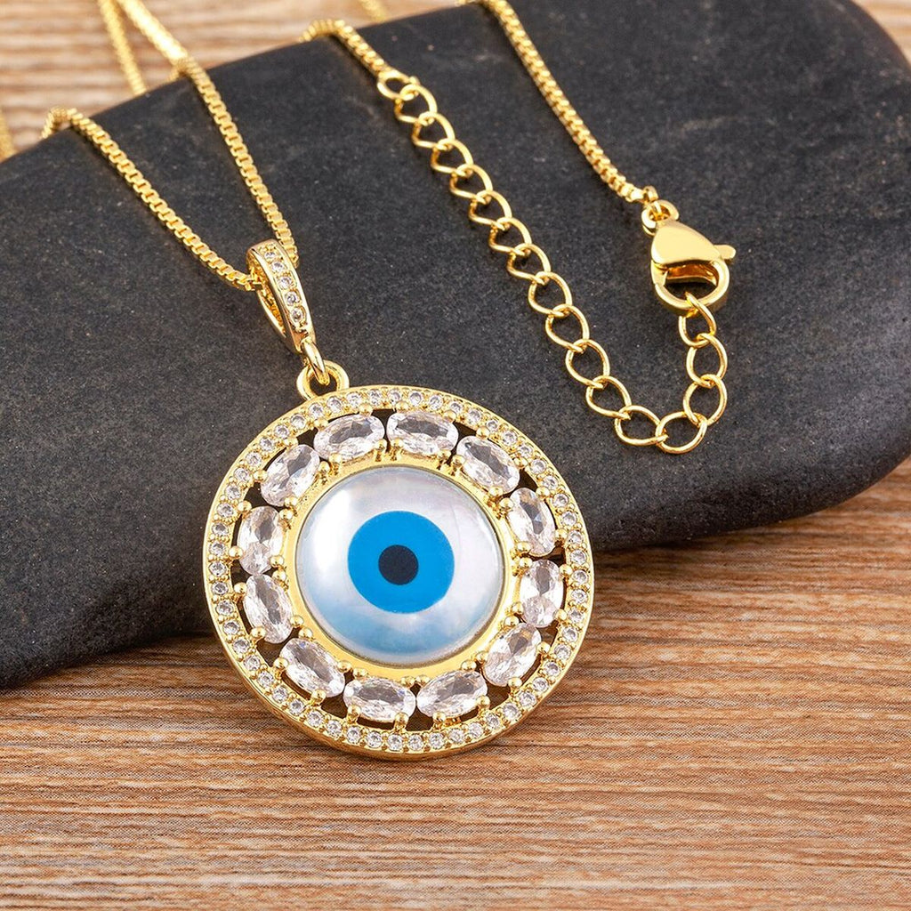 Evil Eye Mother Of Pearl Oval CZ 18K Gold Pendant Chain Bulk