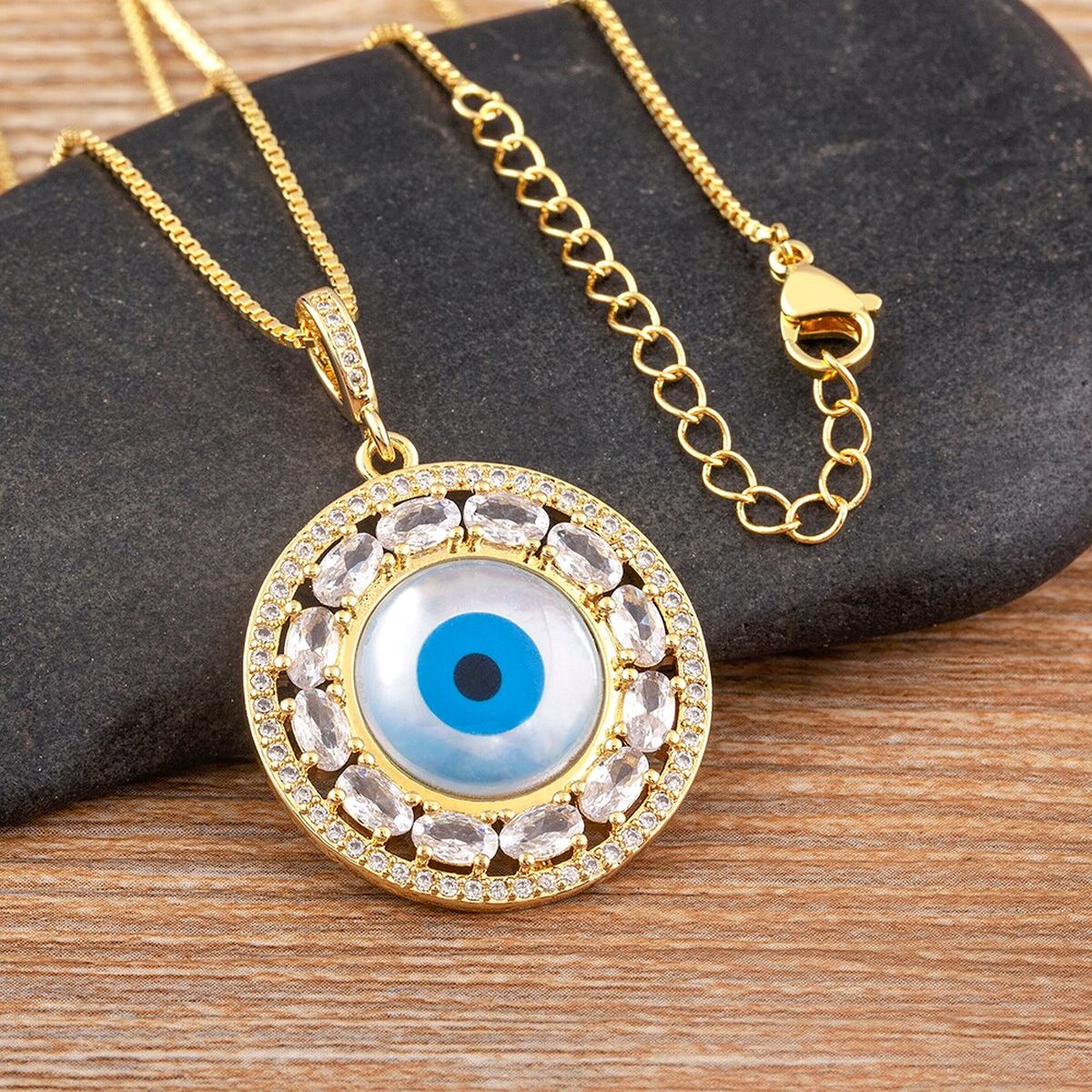 Evil Eye Mother Of Pearl Oval CZ 18K Gold Pendant Chain Bulk