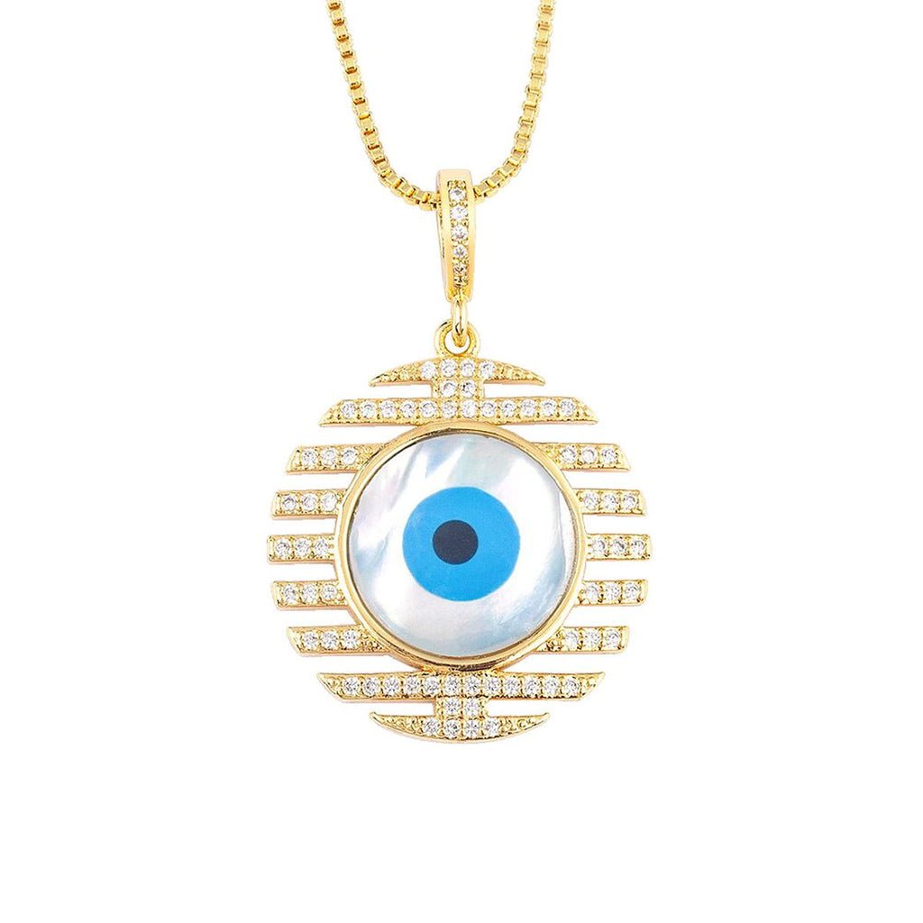 Stripes Evil Eye Mother Of Pearl CZ 18K Gold Pendant Chain Bulk